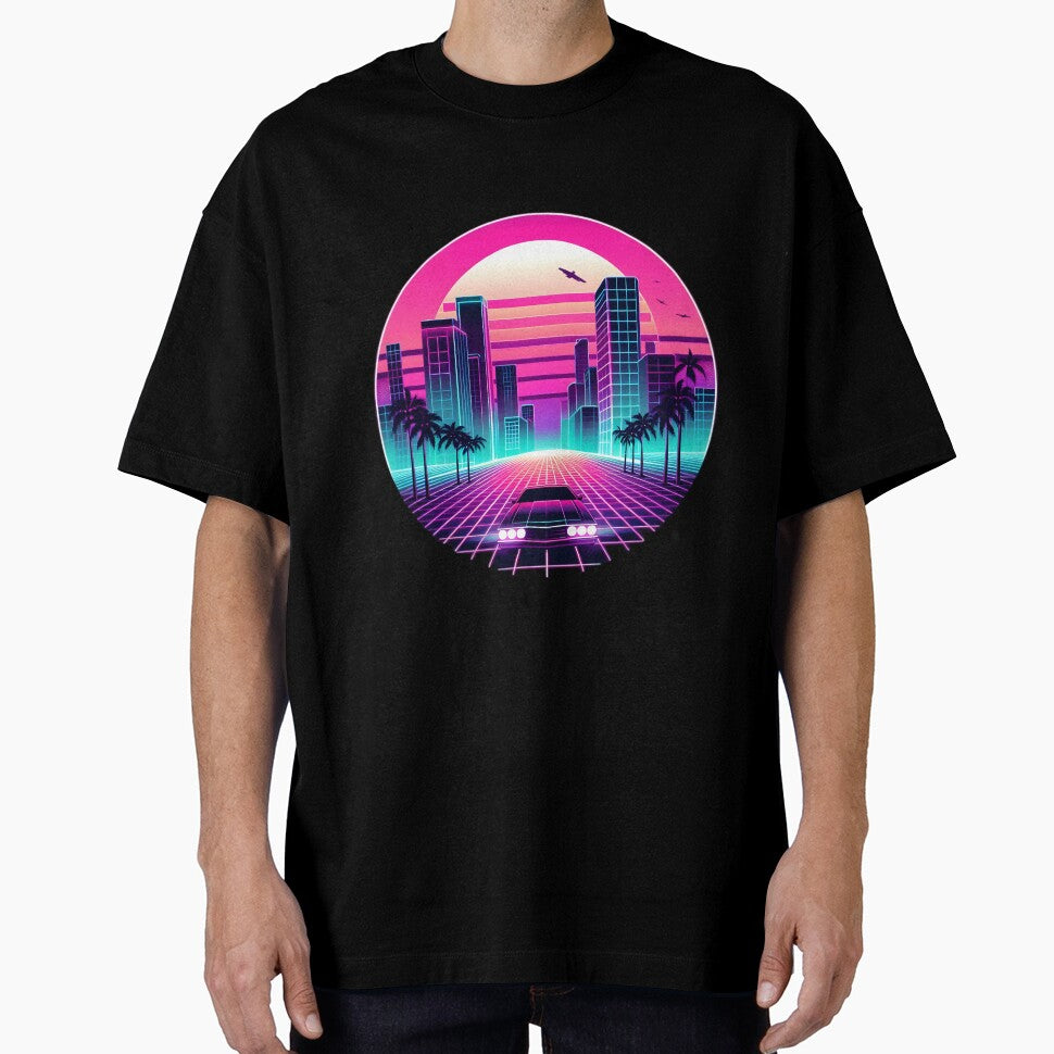 Retro Futuristic Neon Cityscape with Car by pumsquare