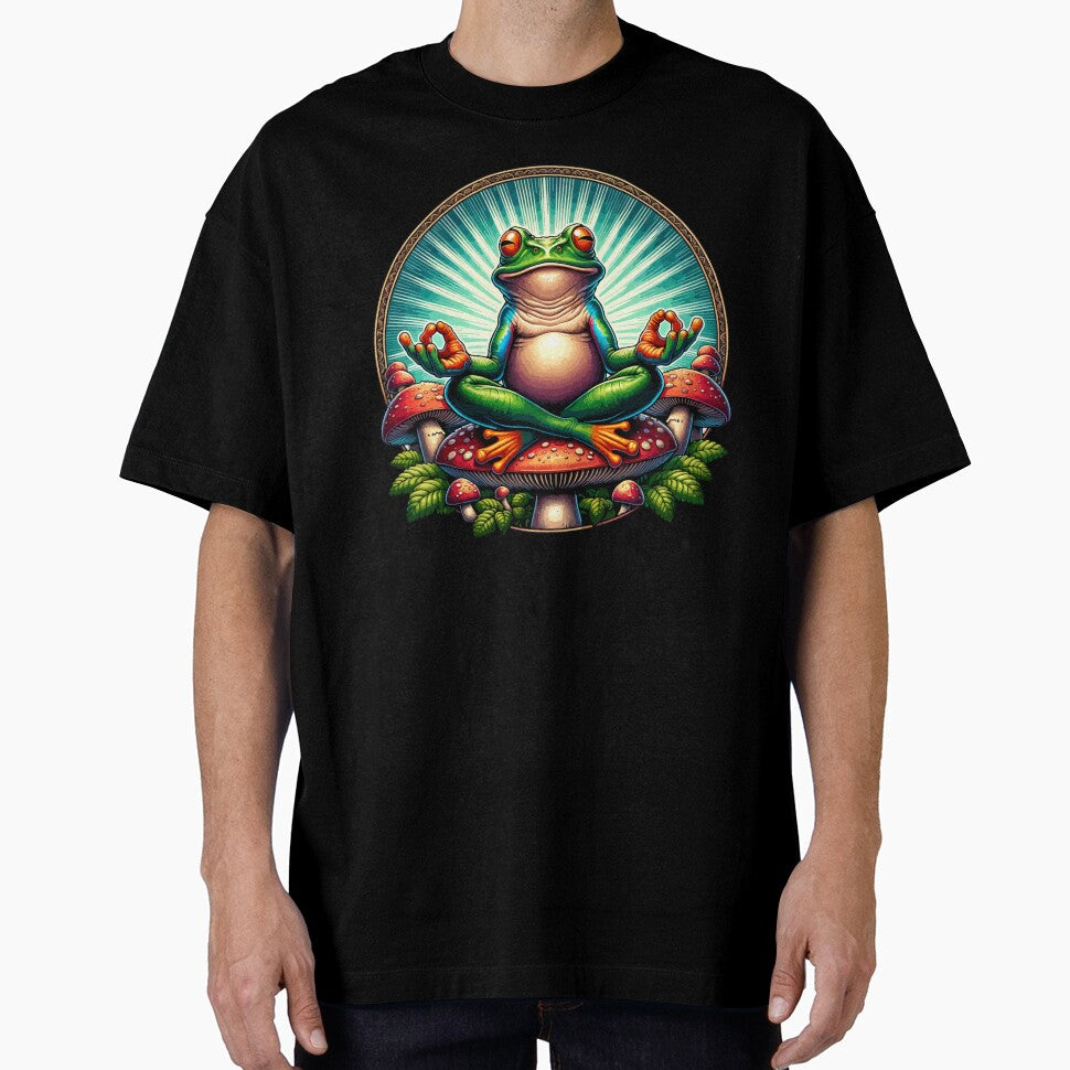 Zen Frog on Mushroom Yoga Design – Cute Meditating Frog Nature Artwork by Graphic Botique