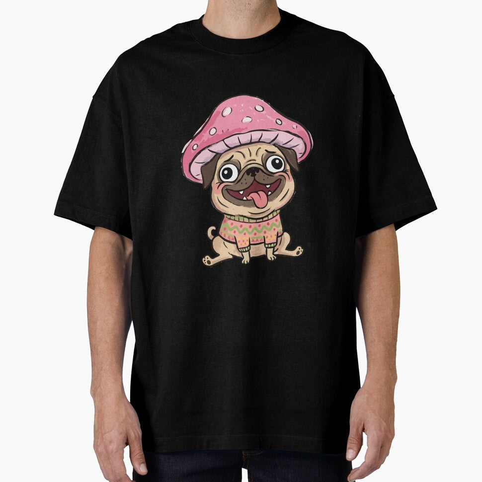 Pink Mushroom Hat Pug in Patterned Sweater by Emegan Print Art