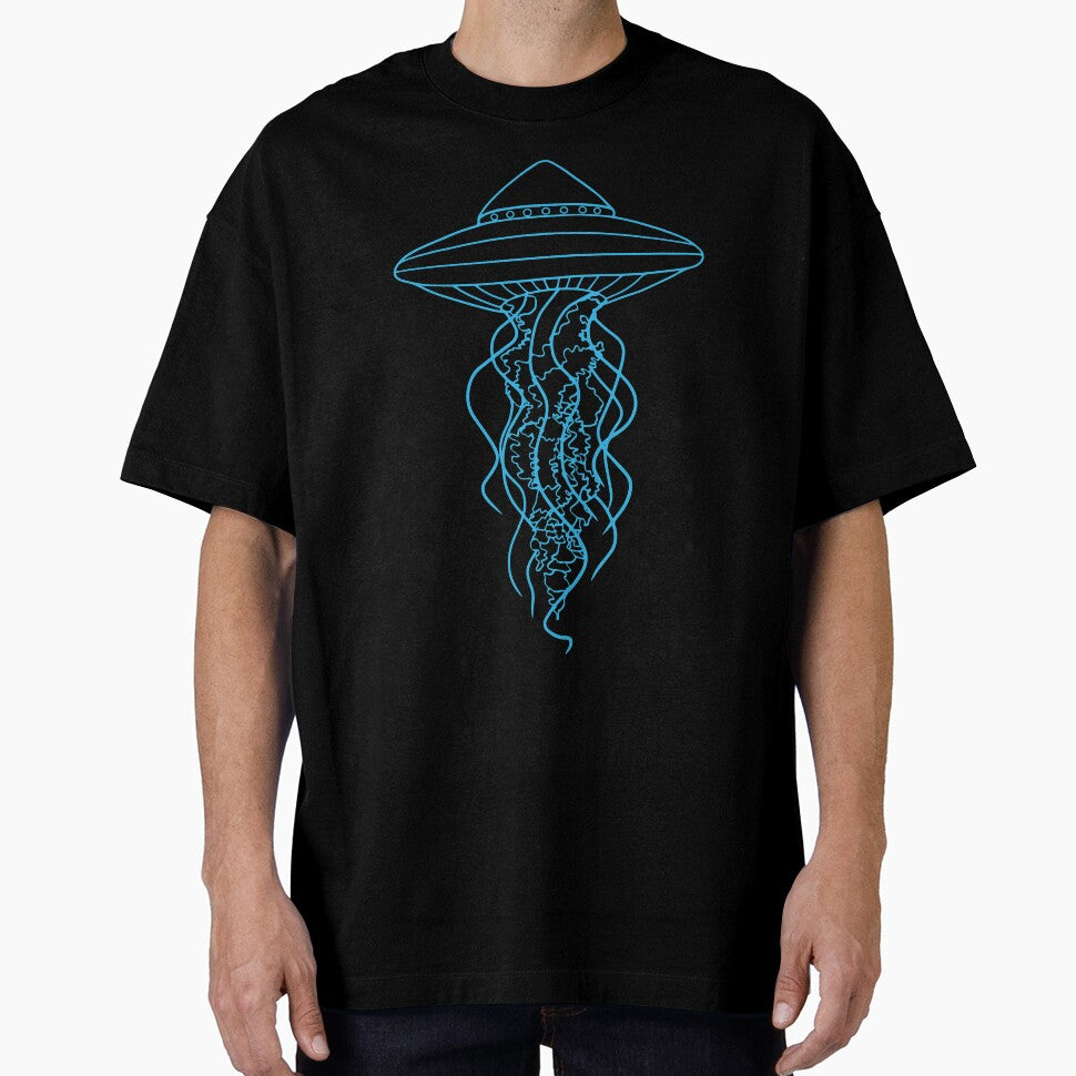 Blue Glow UFO Jellyfish Line Drawing on Black by Ciara Shortall