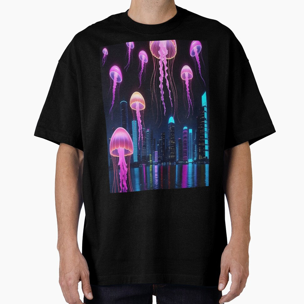 Neon Jellyfish Over Cyber City – Sci-Fi Glowing Art by TONSNAP