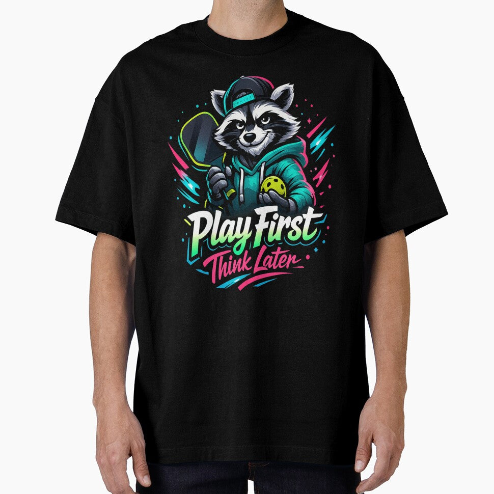 Play First Think Later Raccoon Pickleball Neon Art by Xemora