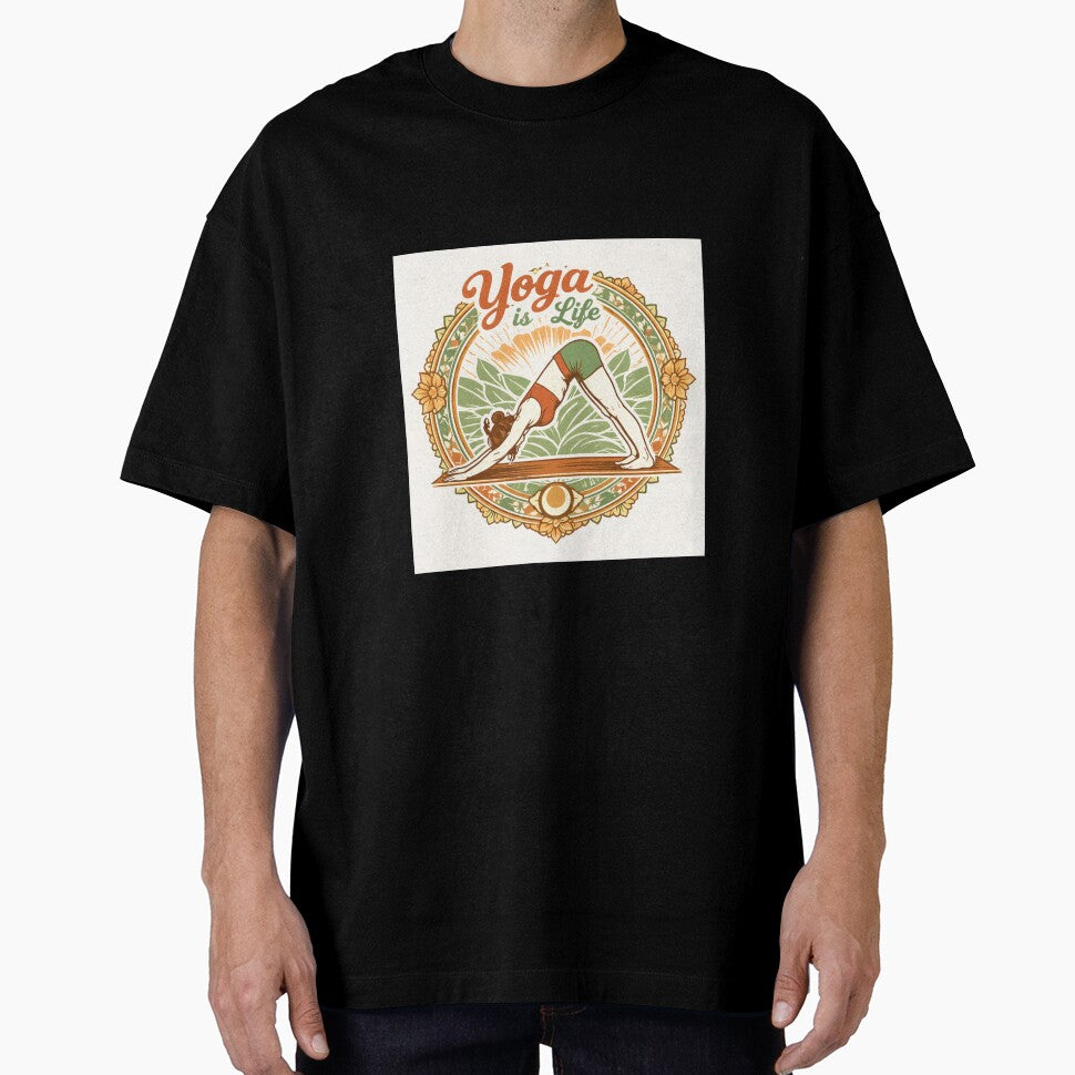Vintage Yoga Is Life Mandala Design – Minimalist Line Art Woman in Downward Dog Pose – Retro Boho Aesthetic T-Shirt by VINTAGEPUNTEES
