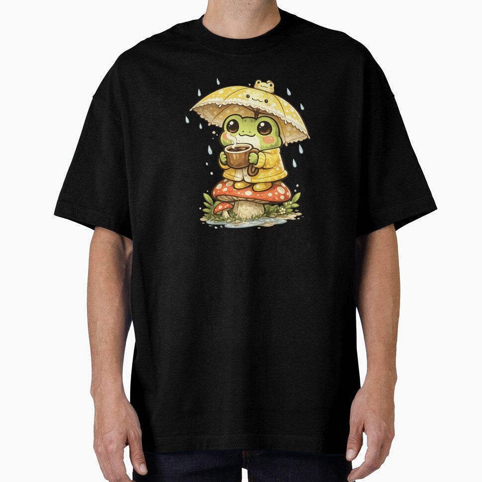 Cute Frog Sitting on Mushroom Drinking Coffee – Rainy Day Umbrella Frog Aesthetic Sticker by Ortegan90