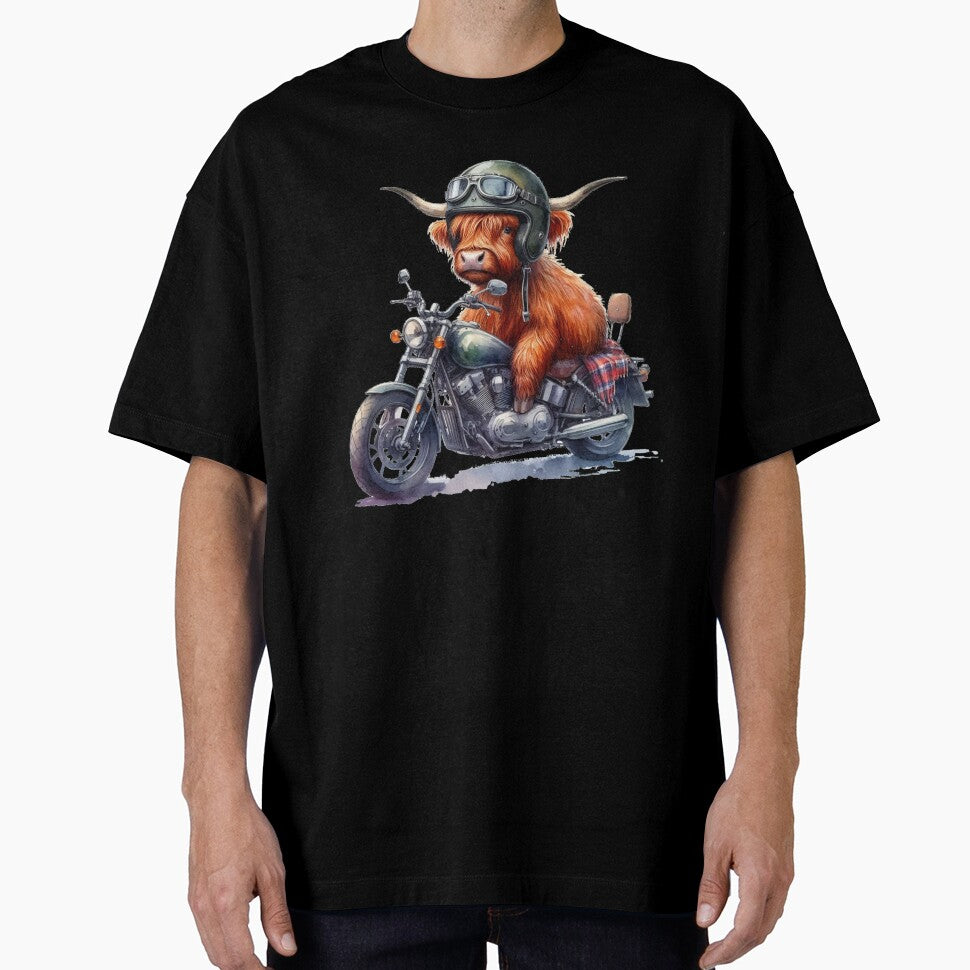 Cool Scottish Highland Cow on a Motorbike Colorful Watercolor by MaedK