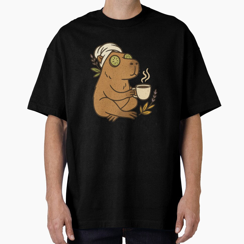 Spa Day Capybara – Cute Relaxing Rodent with Coffee, Towel & Cucumber Eyes | Funny Sublimation & Sticker Art by Memorph