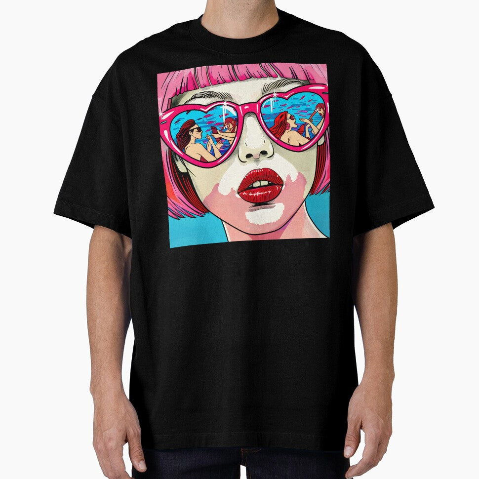 Pop Art Pink Hair Female With Heart Sunglasses by DEC02