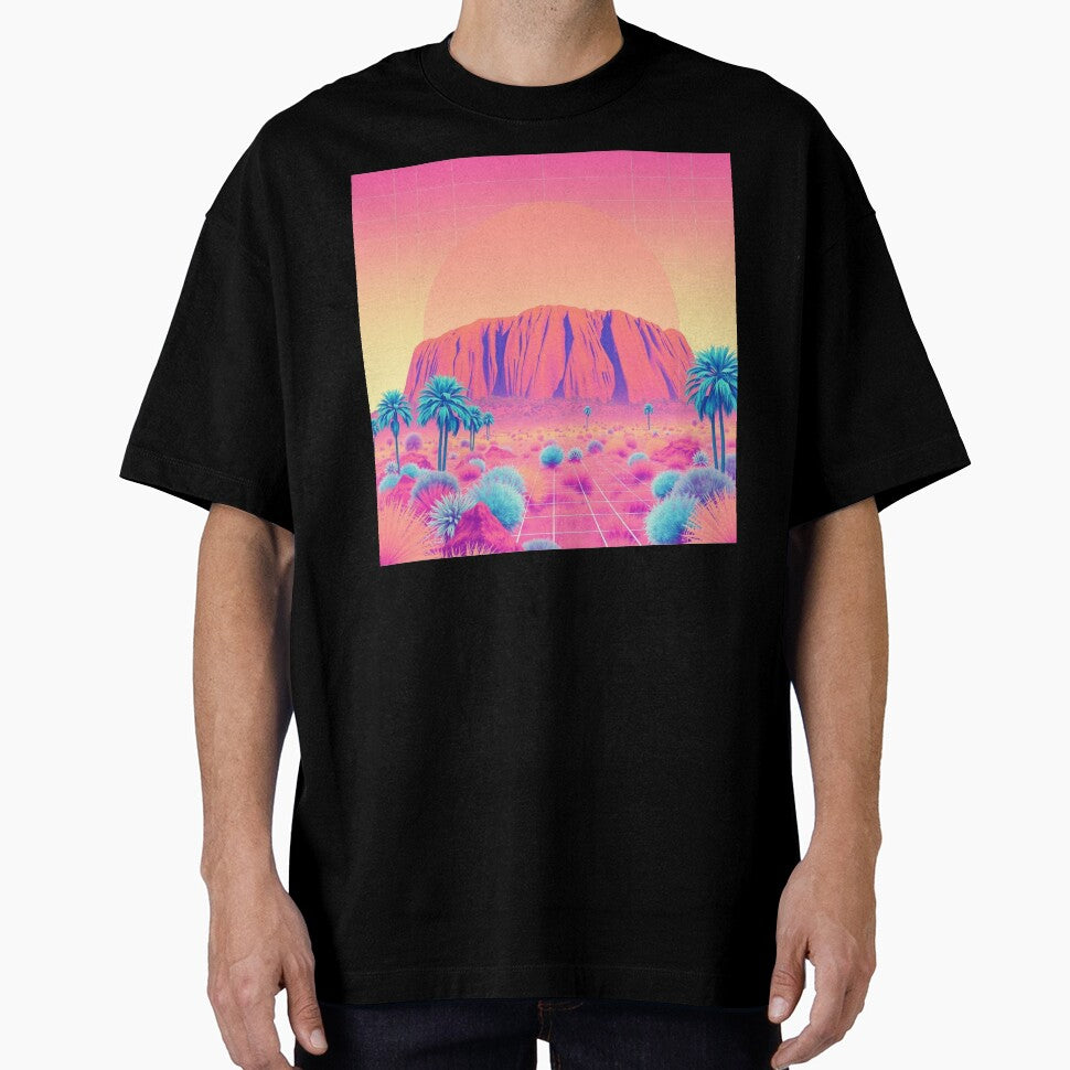 Vaporwave Uluru Sunset Art Print - Synthwave Ayers Rock with Palm Trees Retro 80s Poster by EllDAV777