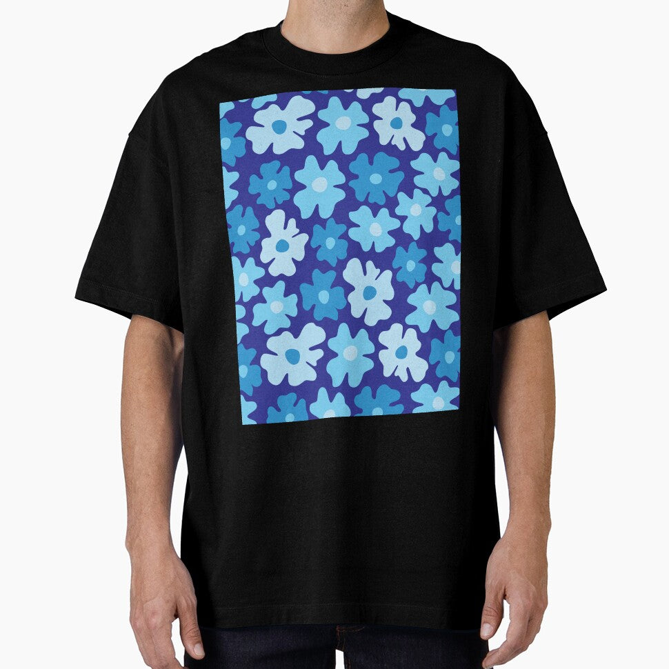 Blue 60s retro flower power, pastel blue, blue, cobalt blue, 60s groovy pattern, hippie flowers by blomastudios