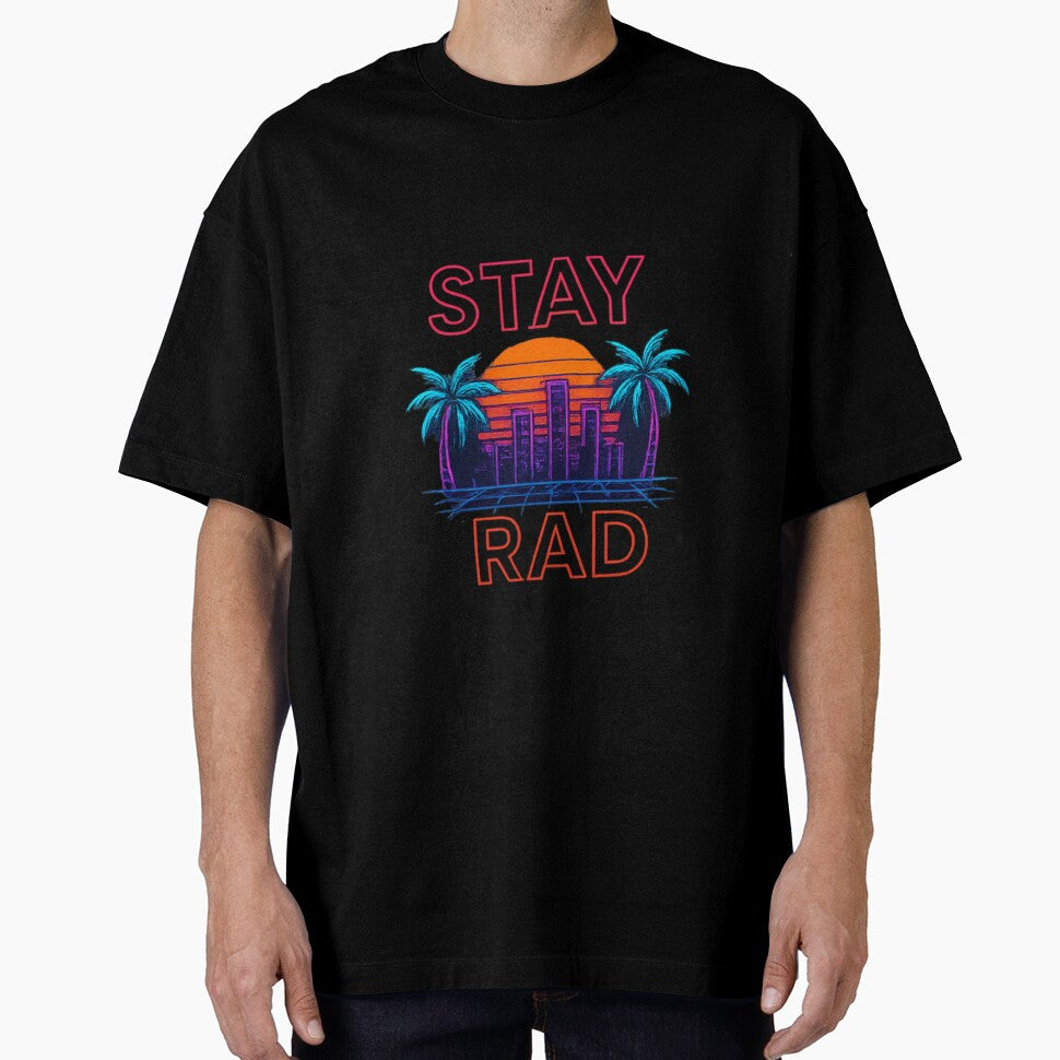 Stay Rad Neon Sunset – Retro Wave Palm Tree Cityscape by RKNTdesigns