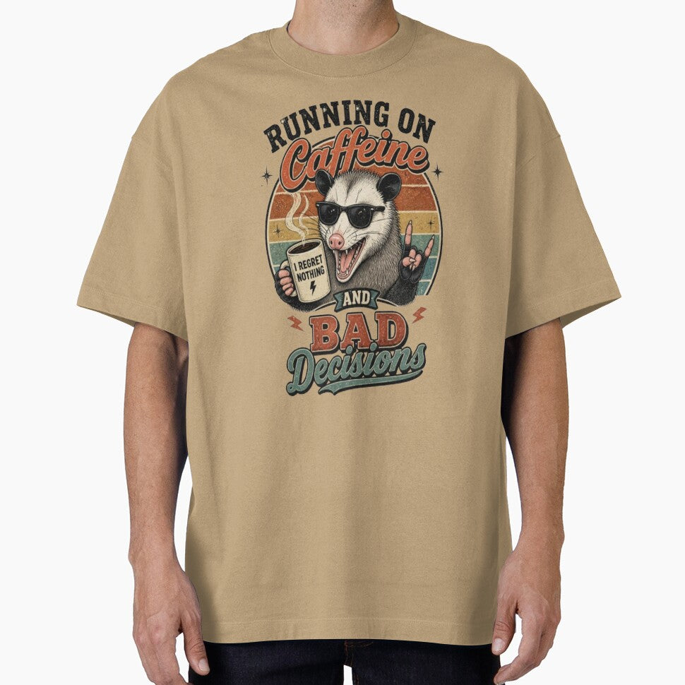 Running On Caffeine And Bad Decisions Funny Opossum Retro Sunset by ElkasDesign