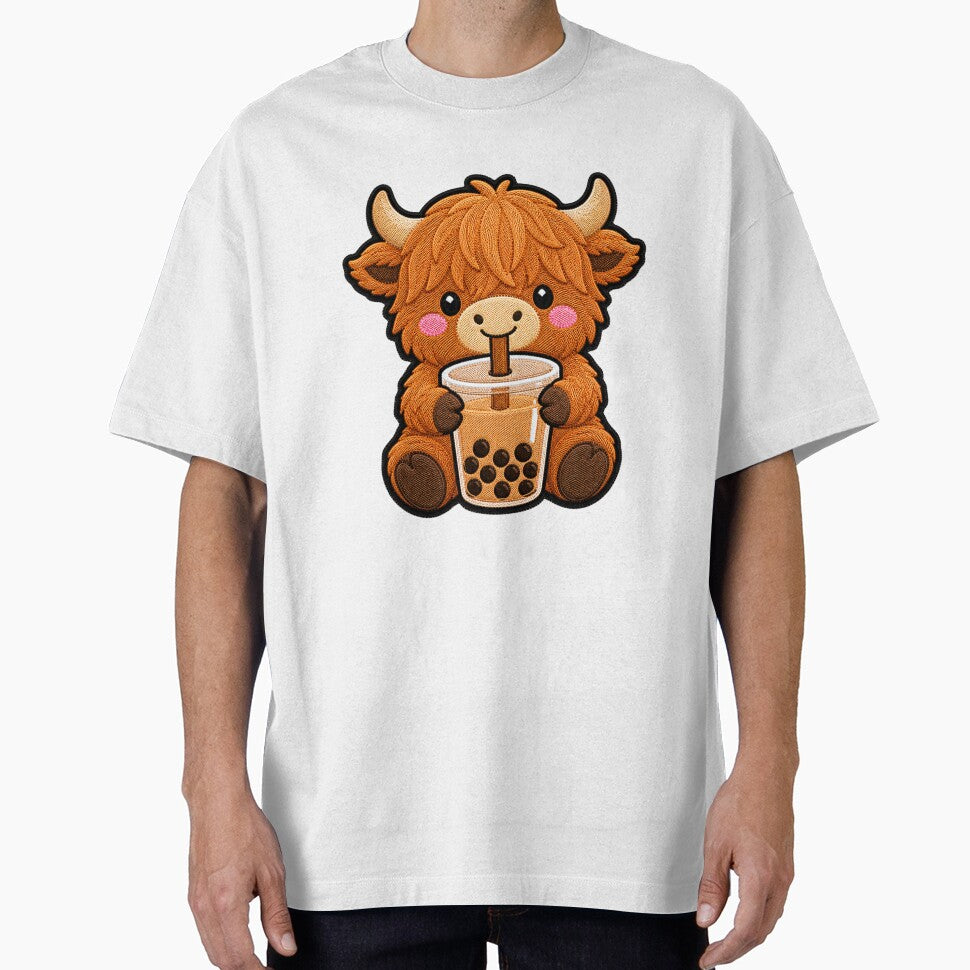 Kawaii Highland Cow with Bubble Tea - Cute Highland Cow Embroidery Patch by ColorSplash123