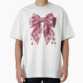 Large elegant pink satin coquette bow with tiny pearls and dangling hearts, soft girl aesthetic by polo-designs