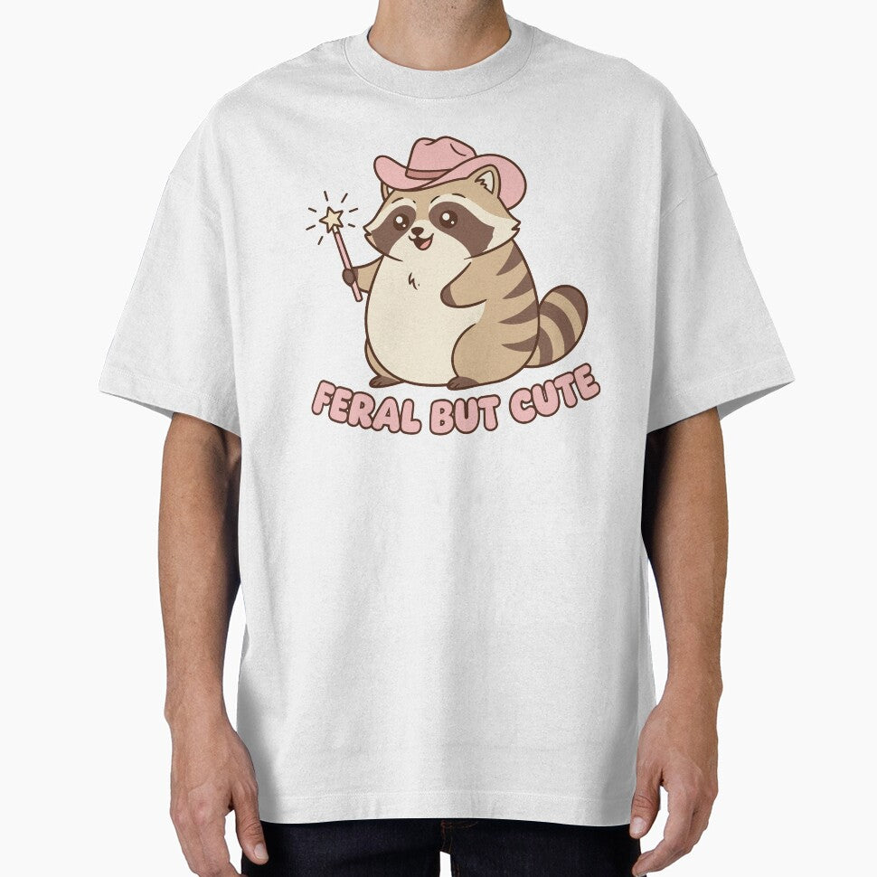 "Feral But Cute" Funny Raccoon Graphic - Pink Cowboy Hat Kawaii Trash Panda - Chaotic Aesthetic Art by BestChoiceService