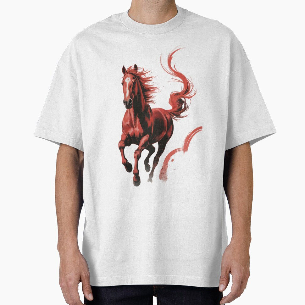 A dynamic digital painting of a red horse galloping by 123ks