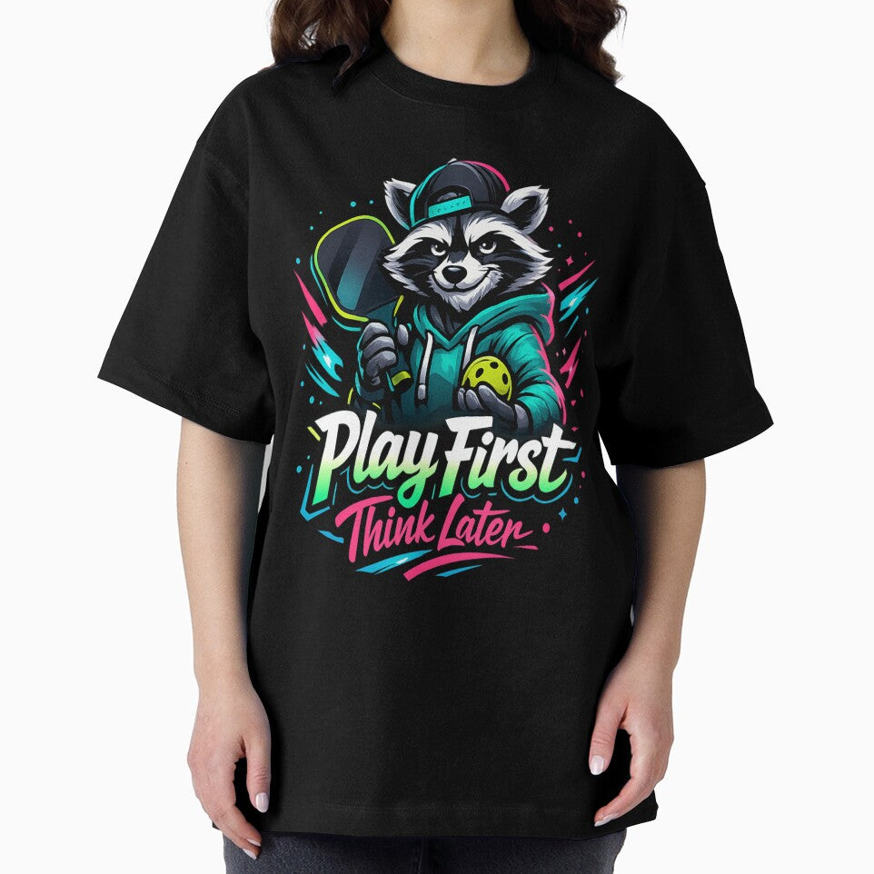 Play First Think Later Raccoon Pickleball Neon Art by Xemora