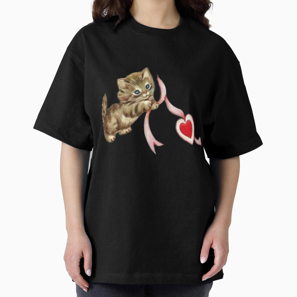 Vintage cat with pink ribbon heart by Pixiedrop