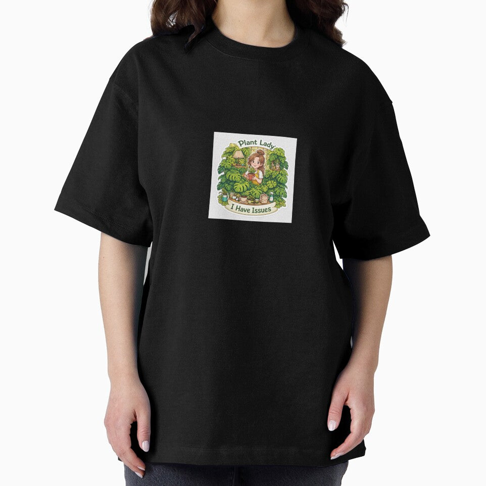 Plant lady bestseller, green thumb "Plant Lady: I Have Issues" with overgrown monstera choking room, chaotic cute --ar 1:1 by SparkVault