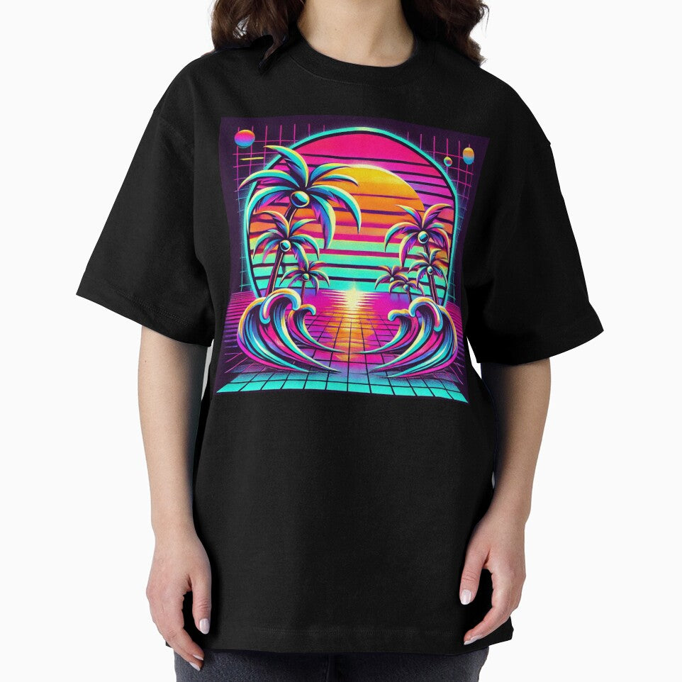 Neon Paradise – Vibrant Retro Sunset with Palm Trees & Ocean Waves by Hegen79