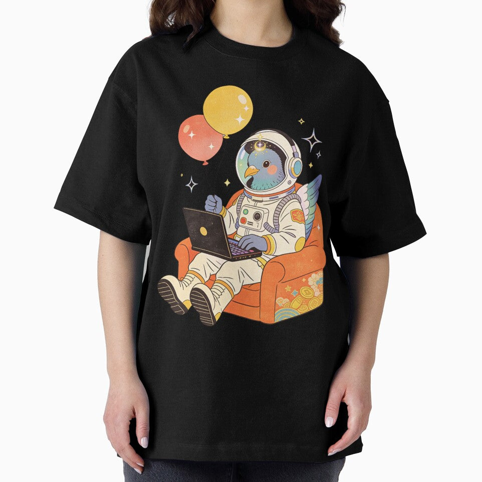 The Chill Astronaut Pigeon: Vintage Retro Spaceman Working on Laptop Aesthetic Art by Cherrydora