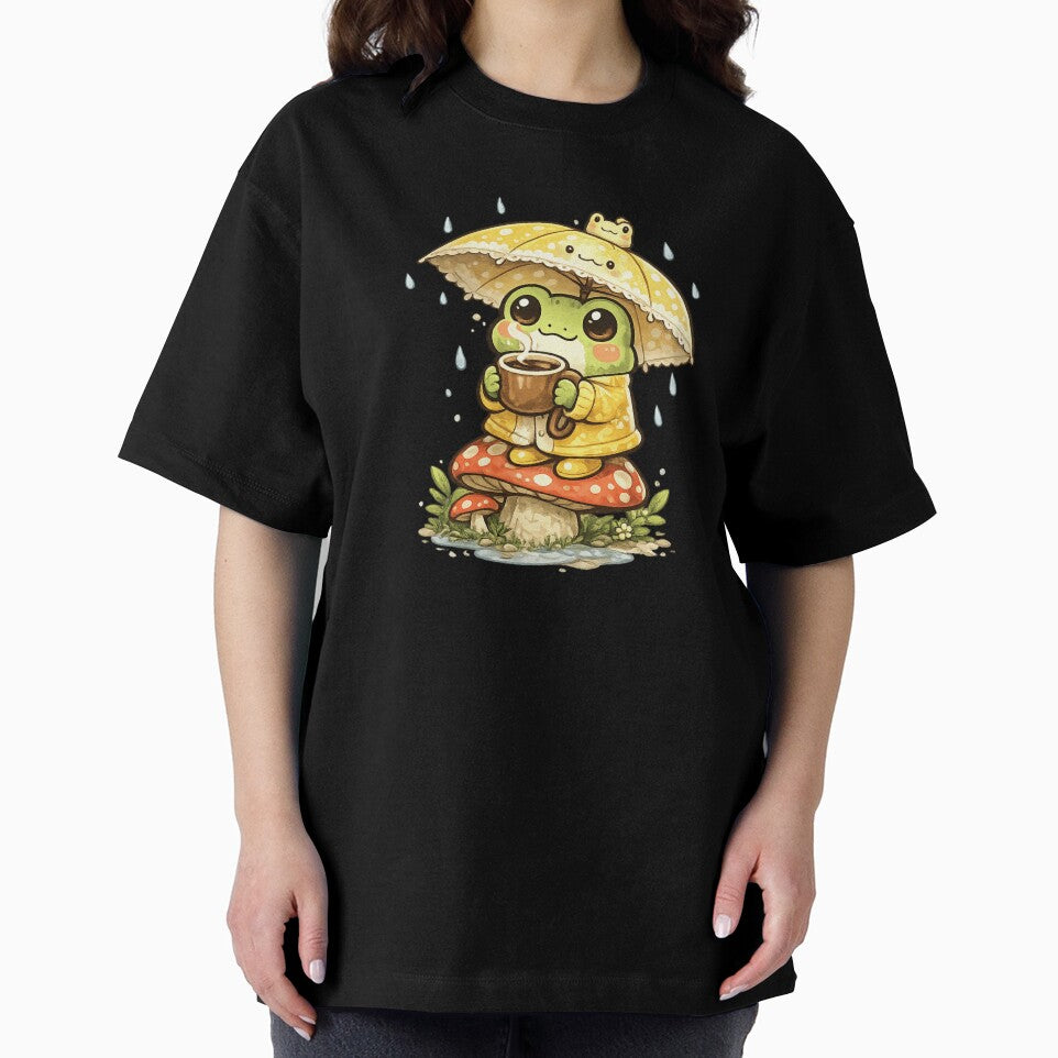 Cute Frog Sitting on Mushroom Drinking Coffee – Rainy Day Umbrella Frog Aesthetic Sticker by Ortegan90