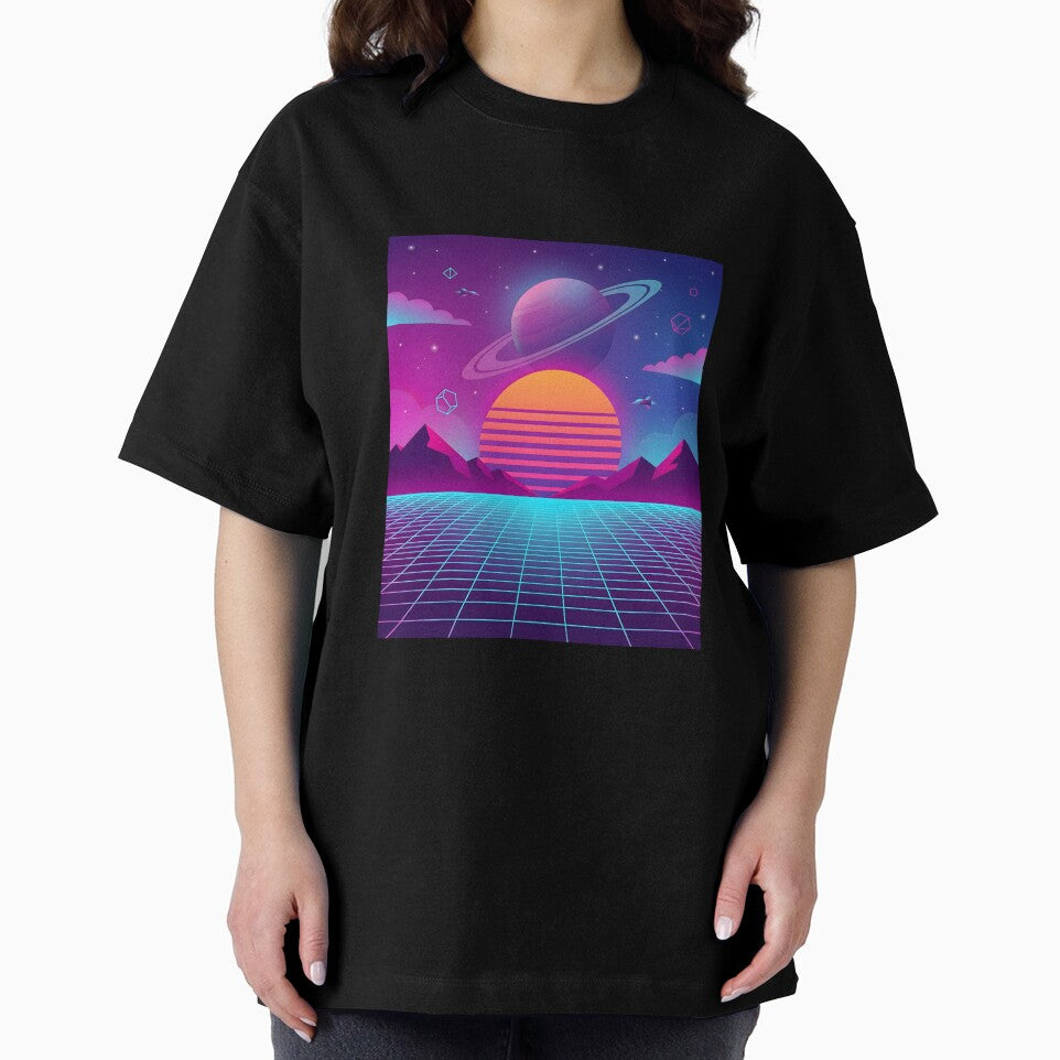 Retro Futuristic Synthwave Space Landscape | Neon Saturn Vaporwave Sunset Art by MCV-Designs