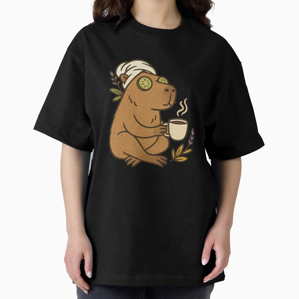 Spa Day Capybara – Cute Relaxing Rodent with Coffee, Towel & Cucumber Eyes | Funny Sublimation & Sticker Art by Memorph
