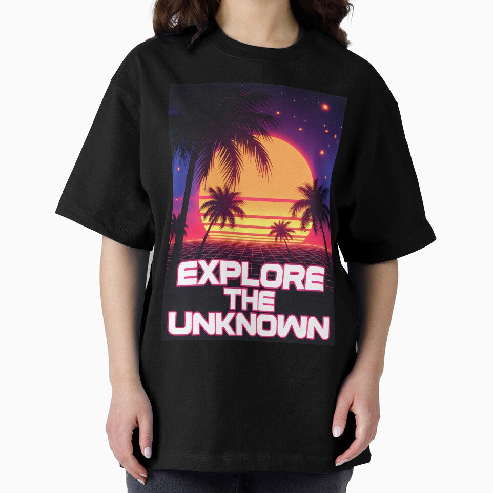 Explore the Unknown Retro Sunset Design with Grid, Palms and Cosmic Adventure Vibes by SplashTastic