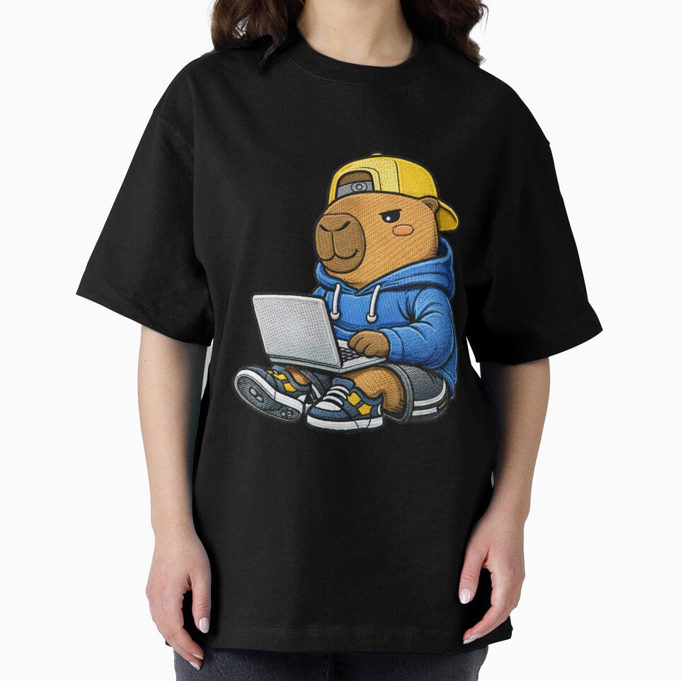 Cute Remote Work Capybara Using Laptop – Kawaii Digital Nomad Capybara Embroidered Patch Style by ColorSplash123