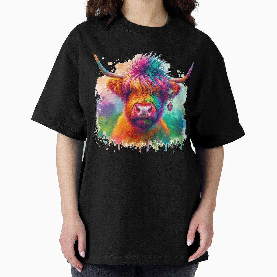 Punk Rocker Scottish Highland Cow Colorful Watercolor by MaedK