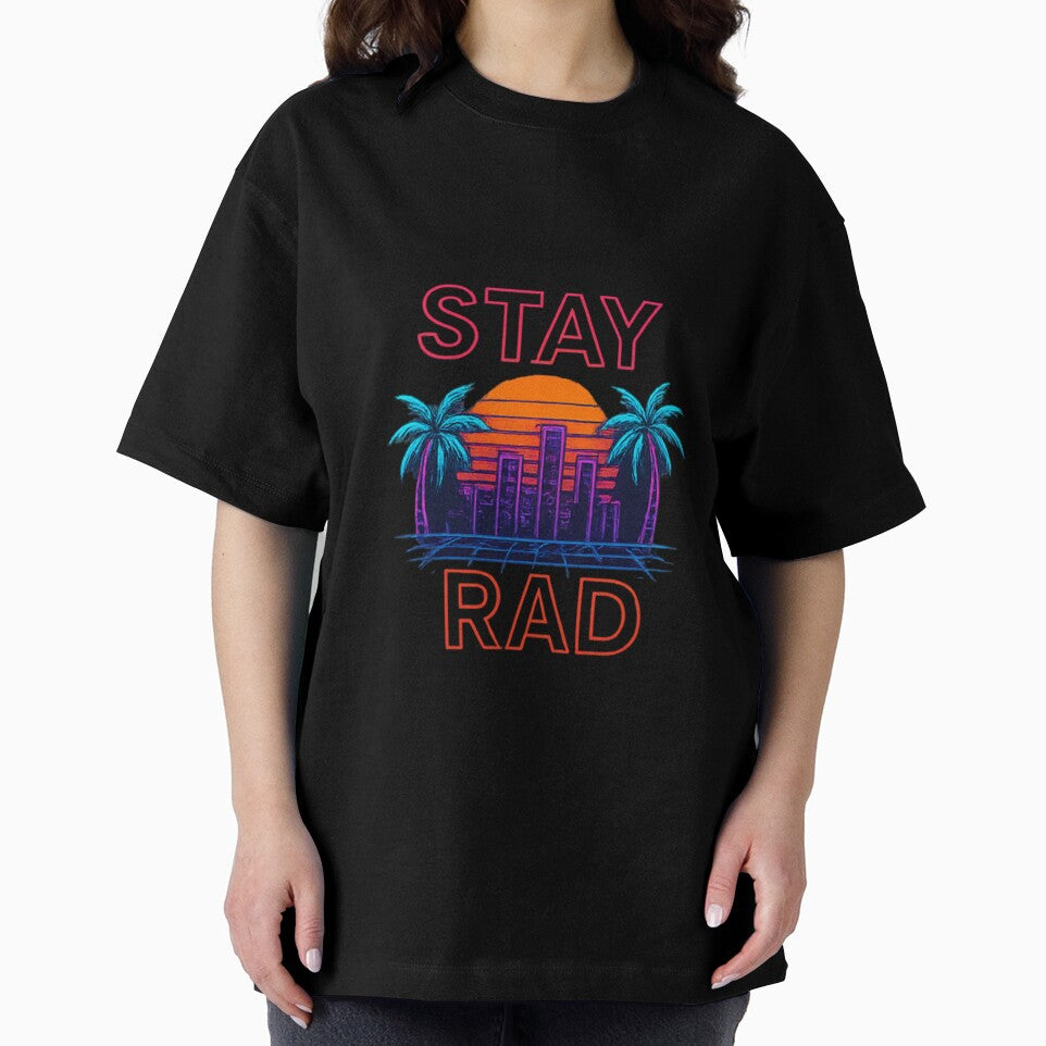 Stay Rad Neon Sunset – Retro Wave Palm Tree Cityscape by RKNTdesigns