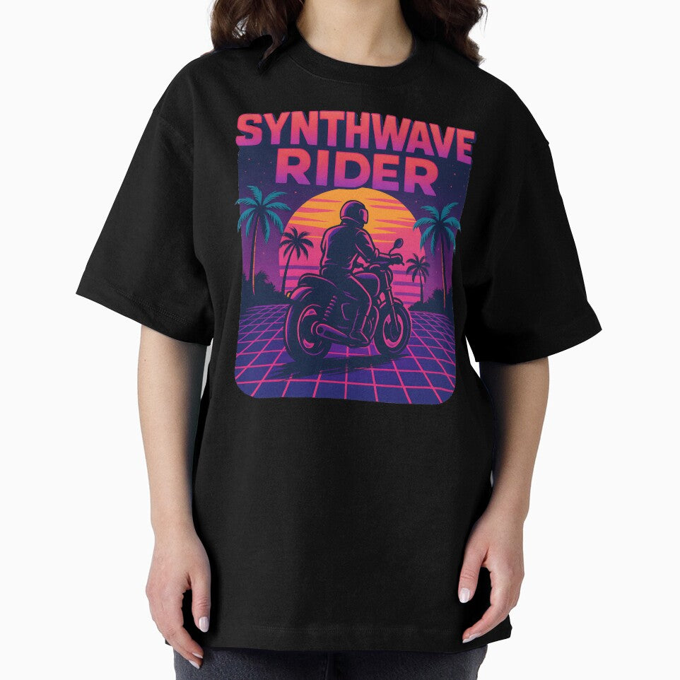 Synthwave Rider on Motorcycle with Neon Sunset and Palm Trees. by The-T-In-Retro