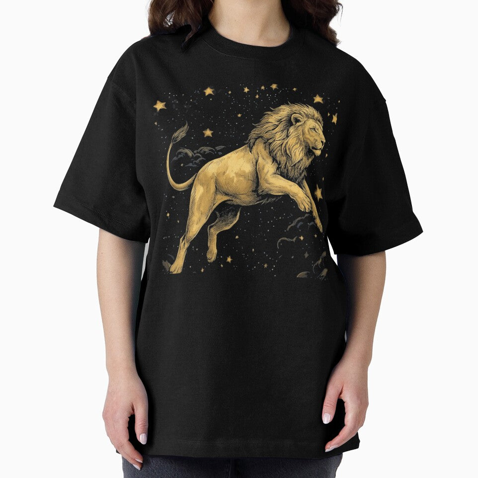 Celestial Lion Gold & Navy - Leo Zodiac Starry Night Illustration by Taha Art Designs