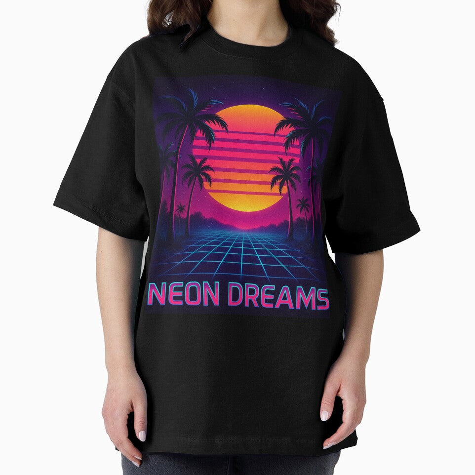Neon Dreams – Vaporwave Sunset Grid T-Shirt by Laugh & Rewind
