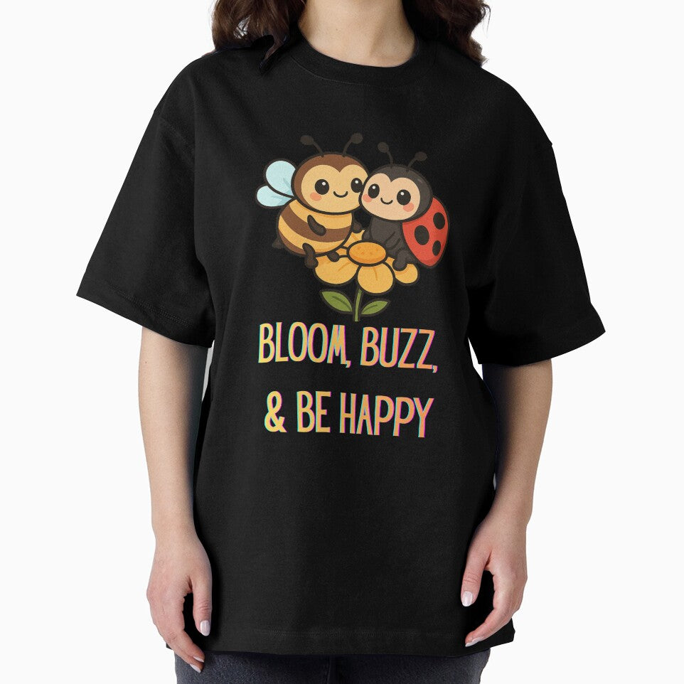 Bloom, Buzz, & Be Happy – Cute Bee and Ladybug Positive Quote Design by Painted Moon by Luna Bee™
