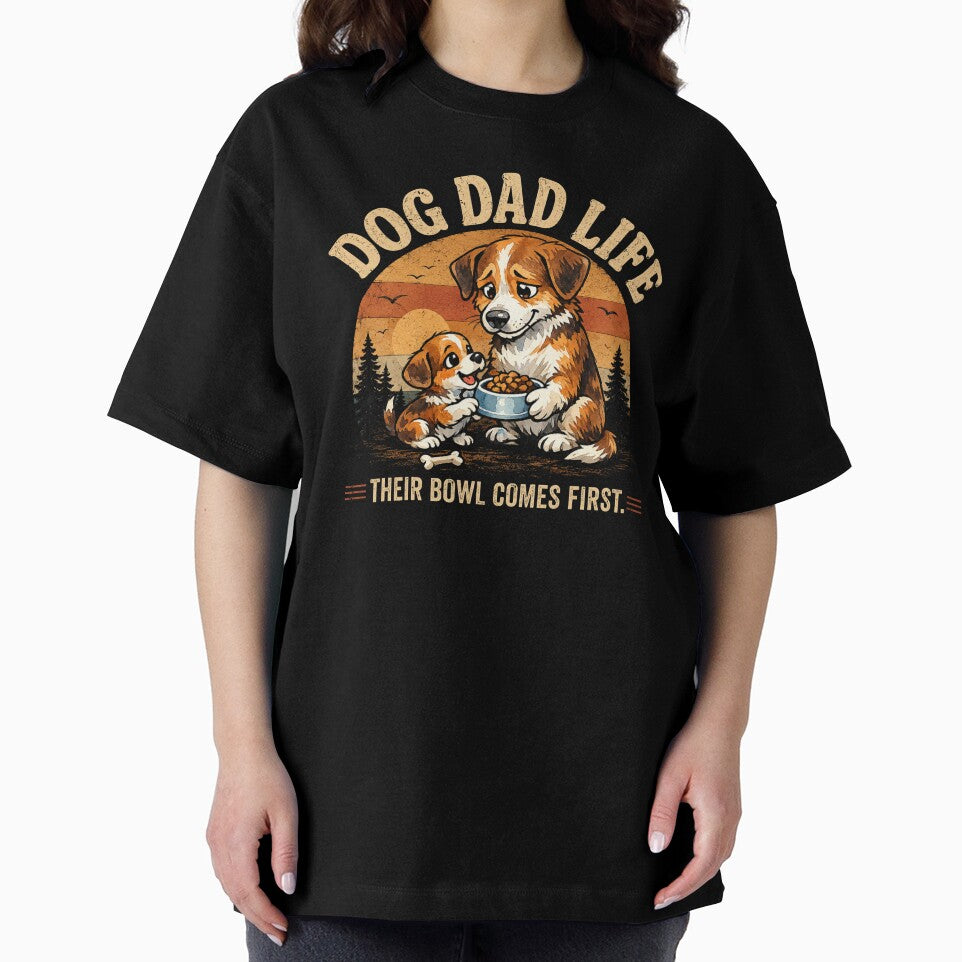 Dog Dad Life Their Bowl Comes First Vintage Retro Sunset Puppy Fatherhood Dog Lover T-Shirt by HOUSE OF TIST