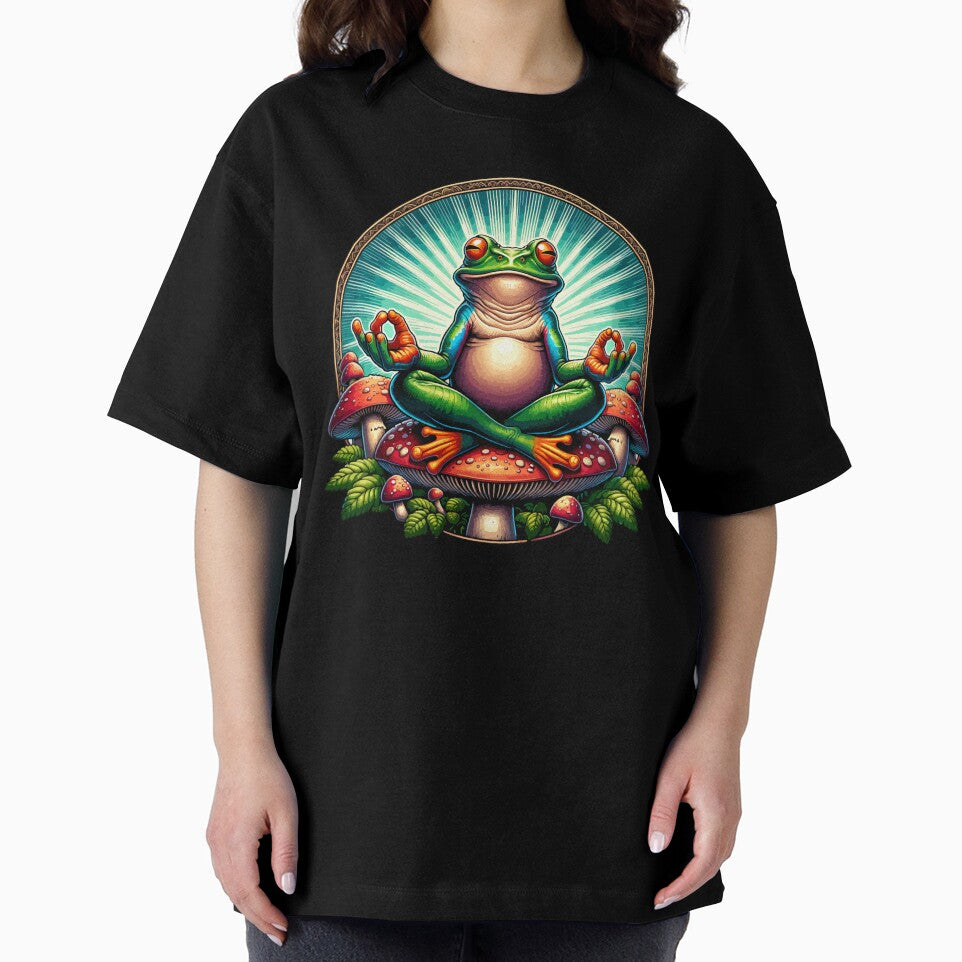 Zen Frog on Mushroom Yoga Design – Cute Meditating Frog Nature Artwork by Graphic Botique