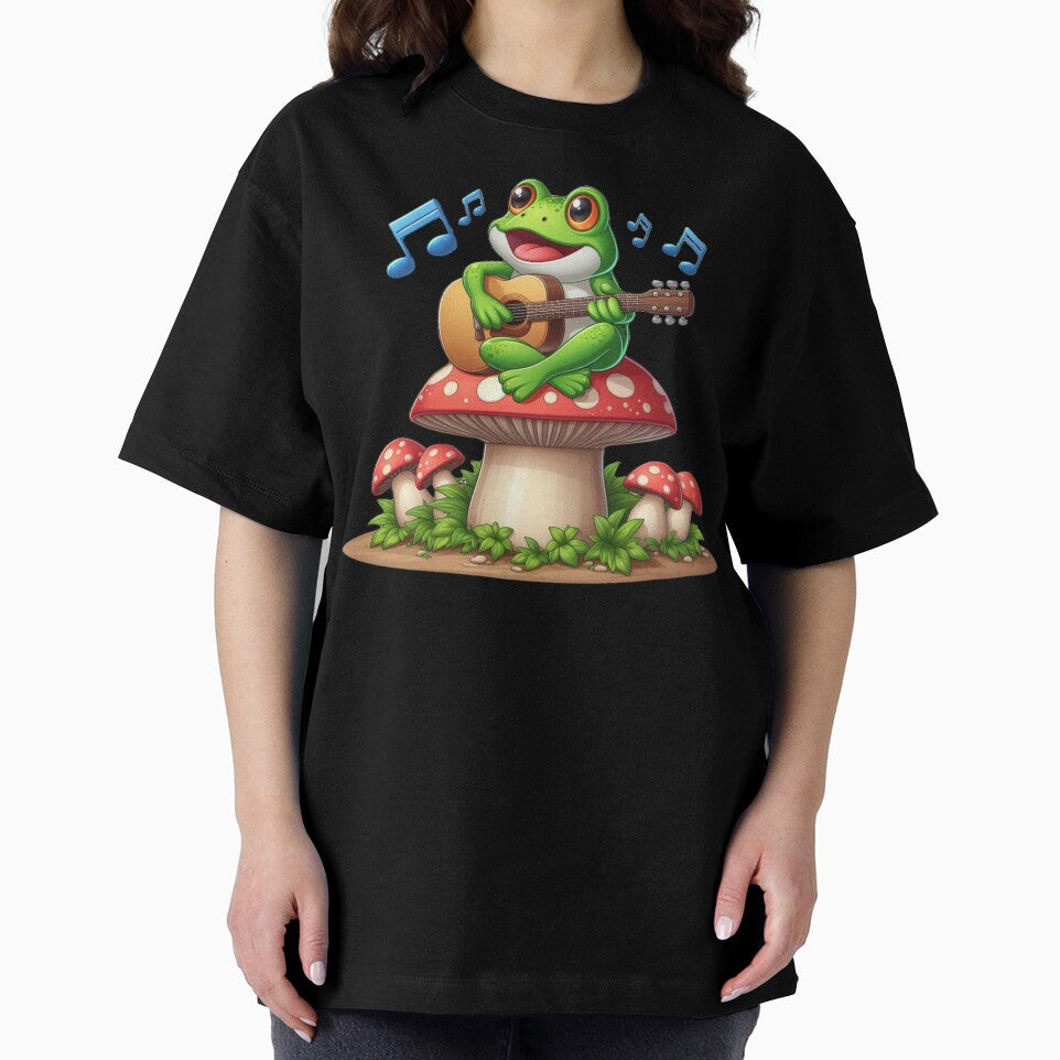 Frog Playing Guitar Sitting on Mushroom by Myra365Art