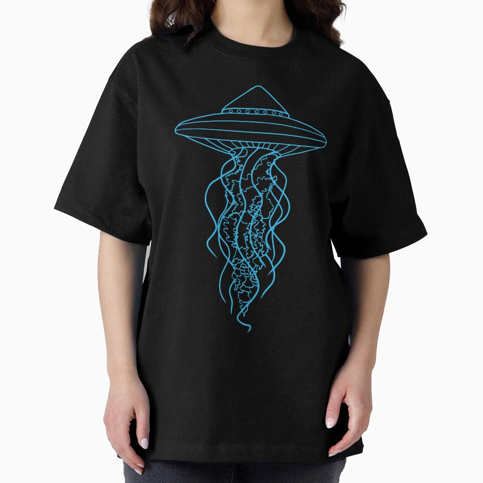 Blue Glow UFO Jellyfish Line Drawing on Black by Ciara Shortall