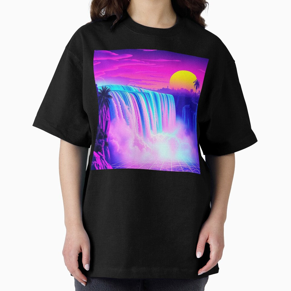 Vaporwave Neon Waterfall Grid Sunset Synthwave Art Print - Retro Cyberpunk Palm Trees Poster by EllDAV777