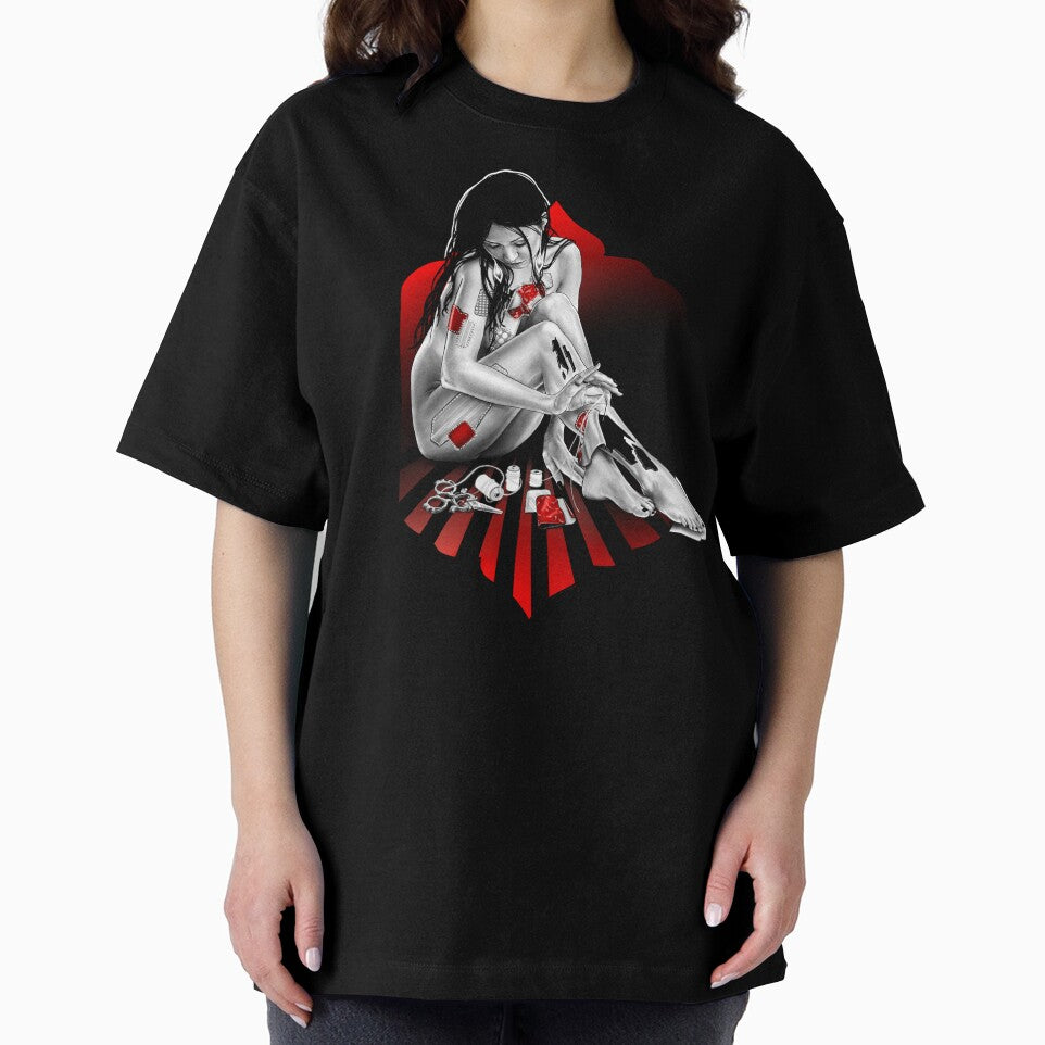 Patch by patch- a portrait (black and red illustration on white) by Anicatattoos
