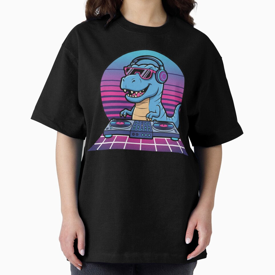 Cool Retro DJ Blue T Rex Synthwave Sunset by crazygoose30