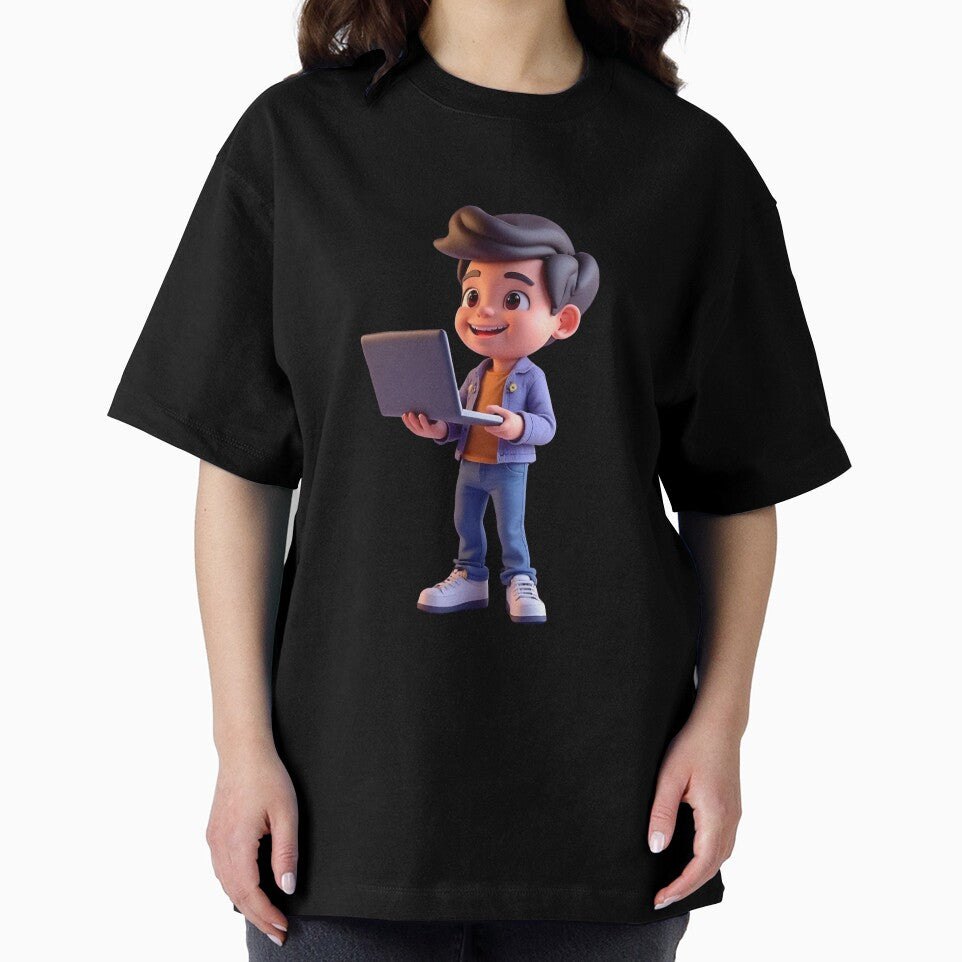 Smiling Character Holding an Open Laptop – Modern Work from Home Illustration by PrintCreations9