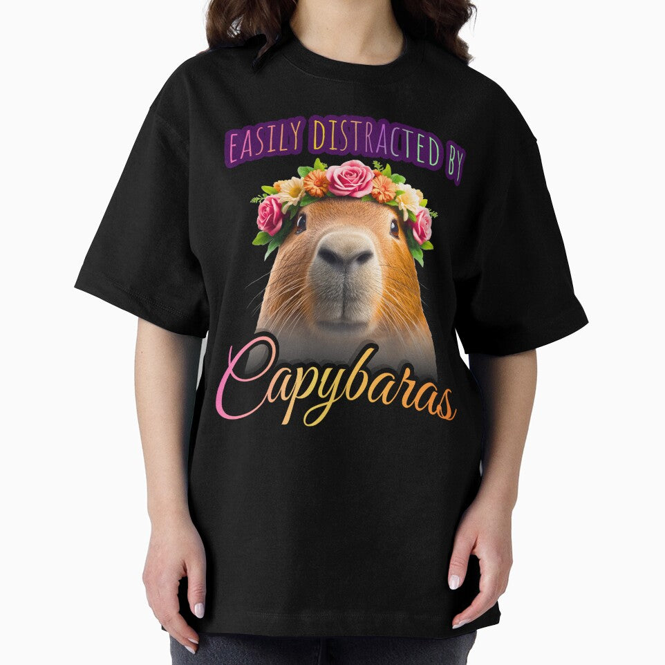 Easily Distracted By Capybaras Funny Capybara Flower Crown T-Shirt by TwistedComicLab