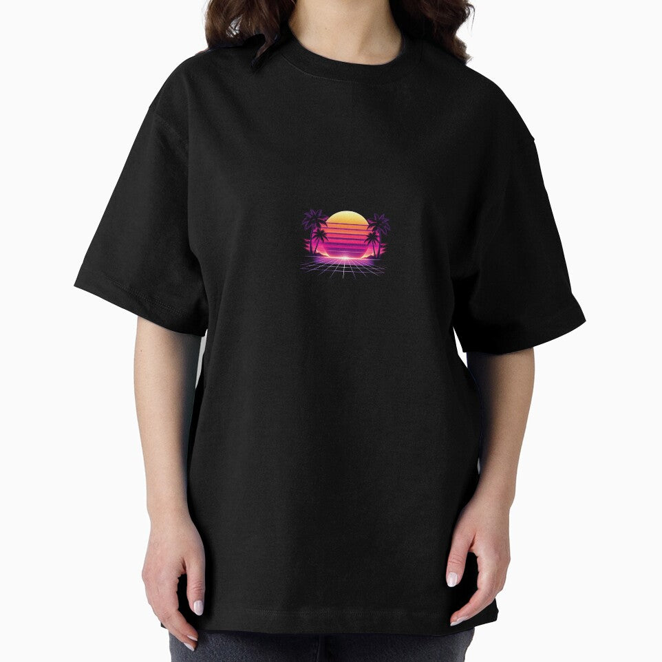 Retro Synthwave Sunrise – 80s neon palm tree design by konter75
