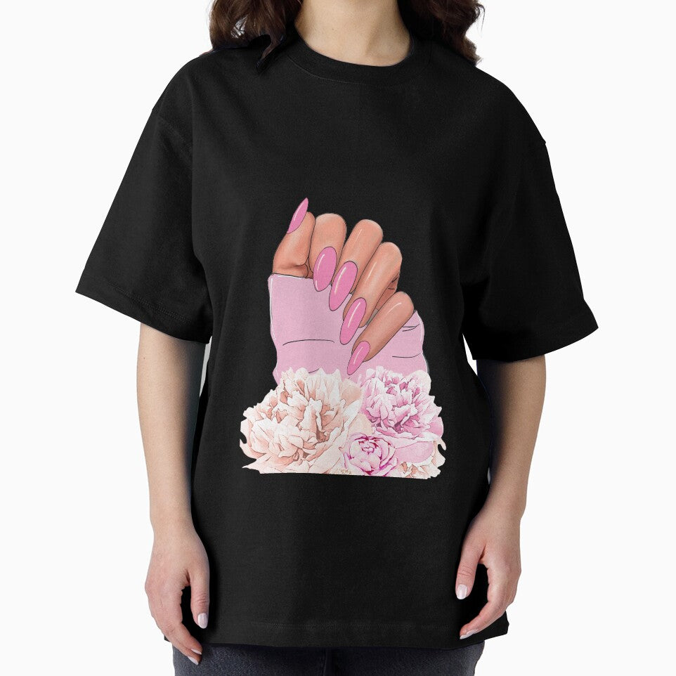 Beautiful feminine hand with pink nails and flowers by jalinaart