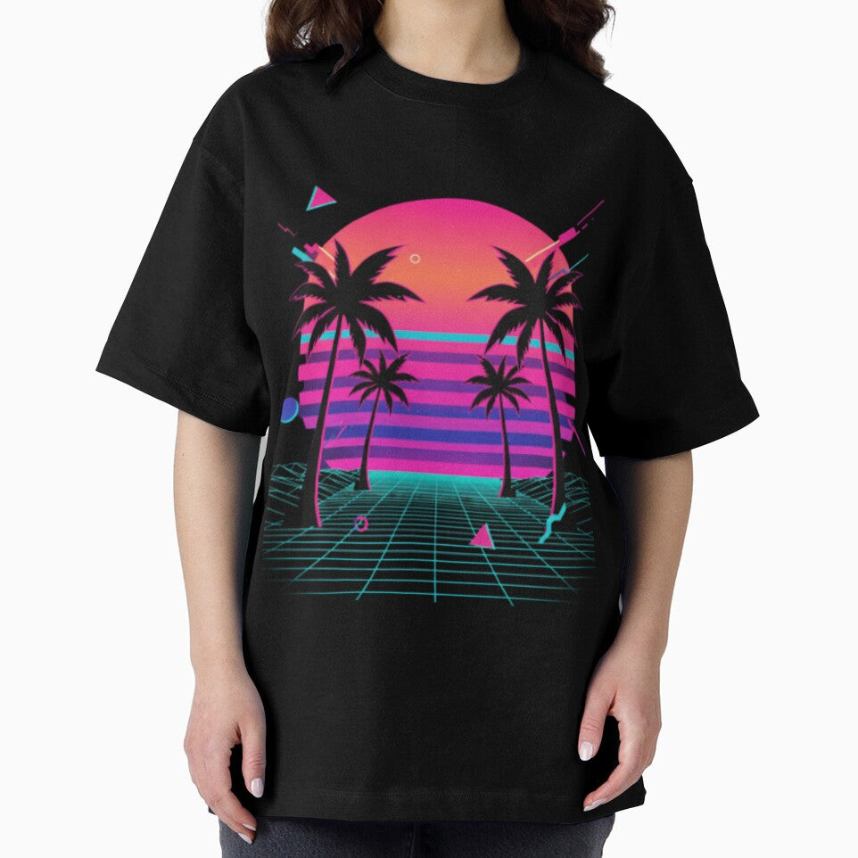 80s Vaporwave Sunset - Palm Trees Retrowave Grid by Kainotomia