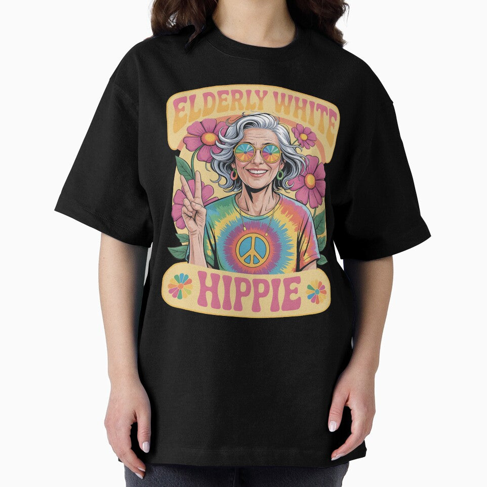 Elderly White Hippie Woman Peace Sign Retro Flower Power by SkymarArt