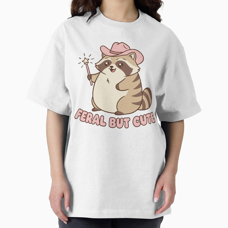 "Feral But Cute" Funny Raccoon Graphic - Pink Cowboy Hat Kawaii Trash Panda - Chaotic Aesthetic Art by BestChoiceService