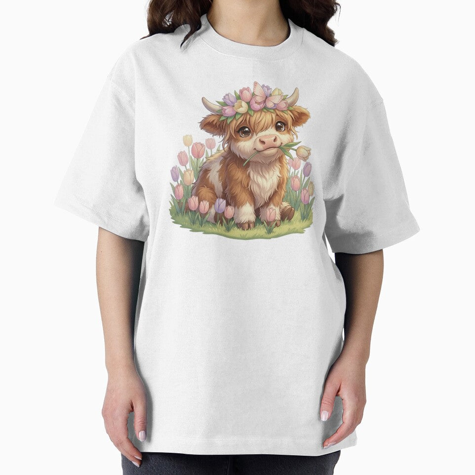 Moo In Bloom Pastel Tulip Crown Highland Cow Calf by HumTumMe